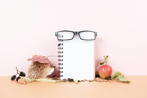 Empty notebook with eyeglasses, an apple and a hedgehog, autumn template with colorful leaves,