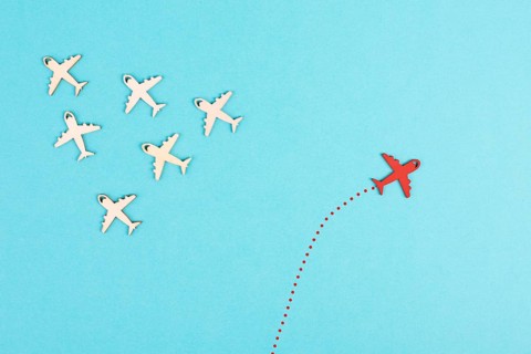 Airplanes following the group, red plane thinks different and takes the opposite direction,