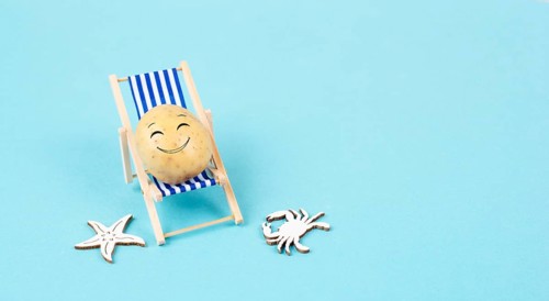 Potato with a funny face is sitting in lounge chairs, happy holiday, greeting card