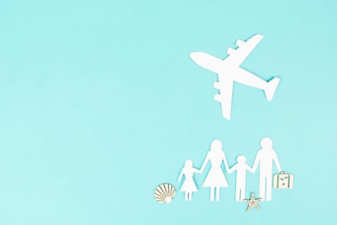 Family is going on vacation with an airplane, taking a flight for a summer holiday, greeting card,