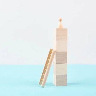 Man was climbing up the ladder, having a goal, brainstorming for ideas, success strategy, taking a