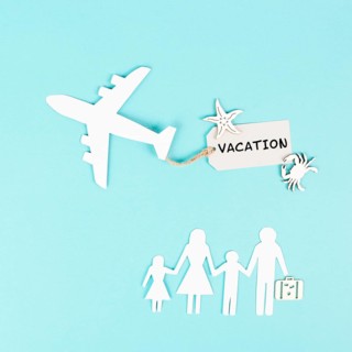 Family is going on vacation with an airplane, taking a flight for a summer holiday, greeting card,