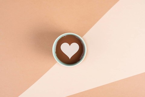 Cup of coffee with a heart, wake up in the morning, hot drink with caffeine, taking a break