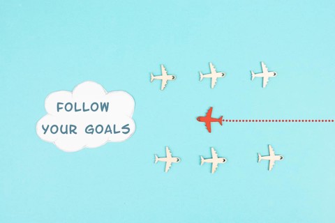 Red airplane is following his goal, leadership, courage and winner concept, standing out from the