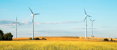Windmills in a wheat field, renewable sustainable energy, electricity generator, environmental