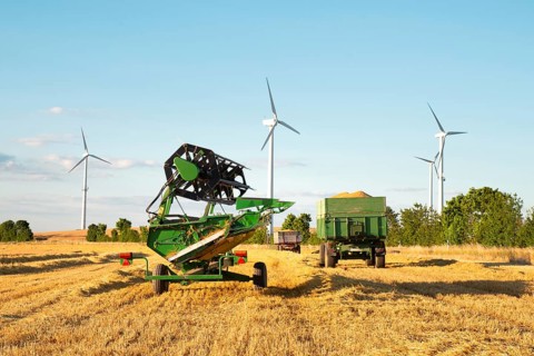 Harvester in a field of cultivated barley in Germany, harvest in the summer, agriculture for food,