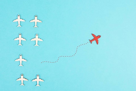 Airplanes following the group, red plane thinks different and takes the opposite direction,
