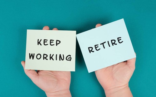 Keep working or retire, making a decision, planning the future, retirement concept, financial and