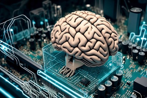 Human brain, connected to circuits of a computer board, symbol artificial intelligence, AI