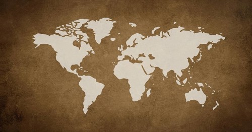 World map on a brown textured background, travel and tourism concept, geography of countries,