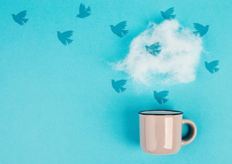 Cup of coffee with a steam cloud, birds flying to the sky, pastel colors, brainstorming for ideas,