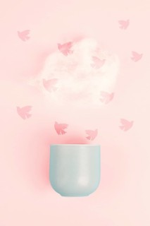 Cup of coffee with a steam cloud, birds flying to the sky, pastel colors, brainstorming for ideas,