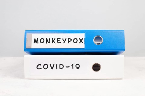 The words monkeypox and Covid-19 are standing on a folder, outbreak of virus infectious disease,