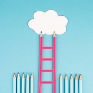 Ladder of success build with pencils, opportunity strategy, blue background, copy space for text,