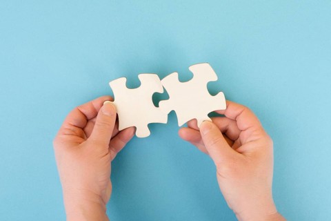 Holding two pieces of a puzzle in the hands, connecting together as a team, solving a problem,