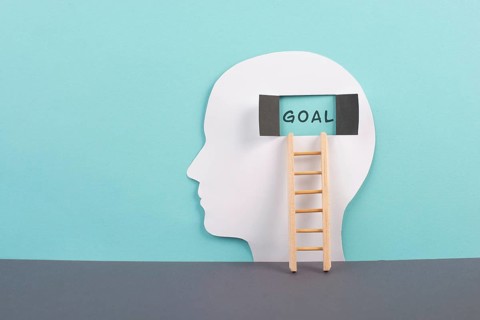 Silhouette of a man, window to the brain with the word goal, ladder of success, open minded,