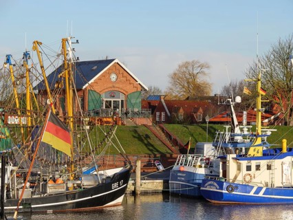 Fishing boats and colourful flags in the harbour, behind reddish houses under a clear sky,