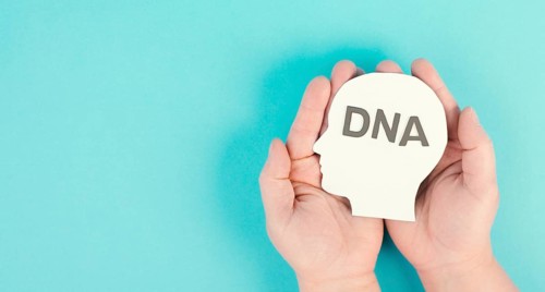 Holding a head with the word DNA, genetic therapy and treatment, biotechnology in mordern medicine,