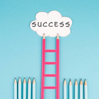 Ladder of success build with pencils, opportunity strategy, blue background, copy space for text,