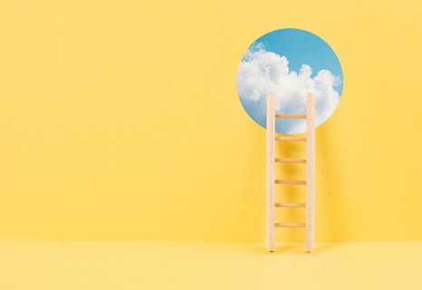 Ladder of success, opportunity strategy, open window to the sky, copy space for text, step by step