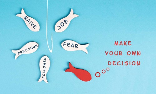 Group of fishes with words like fear, pressure, follower swimming to the fishing rod, red fish
