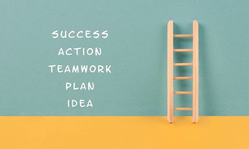 Ladder of success, having an idea, planning a strategy, teamwork for success step by step concept,