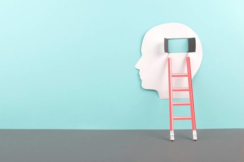 Silhouette of a man, window to the brain, ladder of success, open minded, brainstorming for ideas,