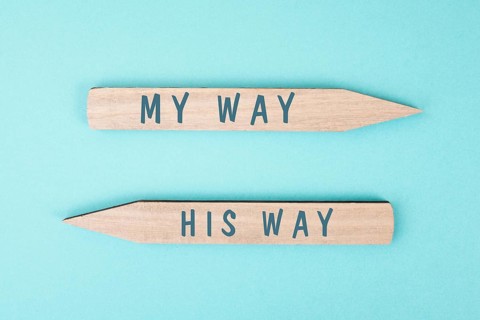 The words my way his way are standing on wooden arrows, christian religion faith, trust and believe