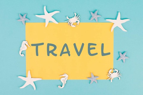 The word travel is standing on a yellow colored paper, sea stars, seahorses and crab bulding a
