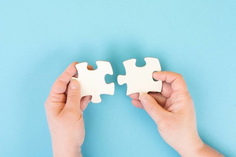 Holding two pieces of a puzzle in the hands, connecting together as a team, solving a problem,