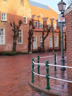 A quiet street with brick houses and bare trees under a lantern in a traffic-calmed zone,