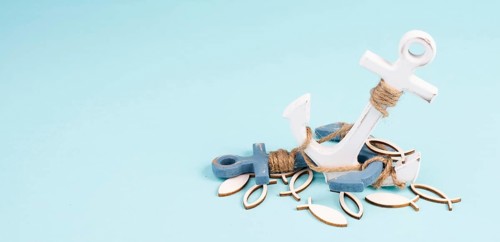 White anchor and fish on a blue background, maritime sea life, sailing trip, summer vacation,