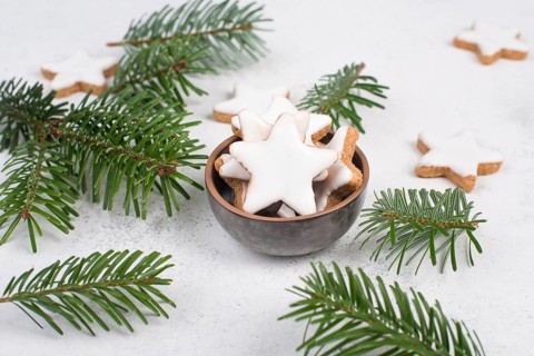 Cinnamon stars, traditional german christmas cookies, gingerbread, empty copy space