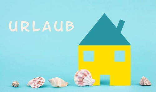 Colorful house on a blue colored background with sea shells, booking an appartment, hotel or lounge