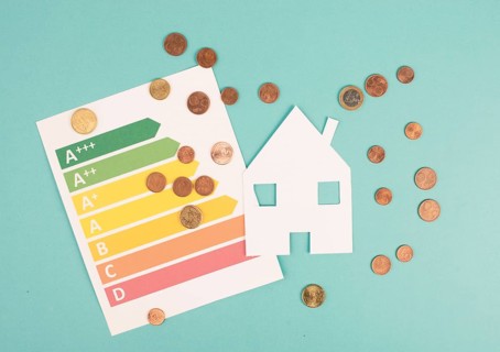 Paper house and Euro coins, power consumption grafic, increasing heating costs, green technology,