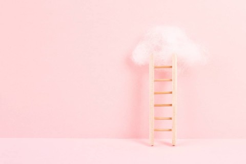 Ladder with a cloud on top, pink rose colored background, copy space, dreaming of success, creative