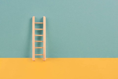 Ladder of success, opportunity strategy, blue and yellow background, copy space for text, step by
