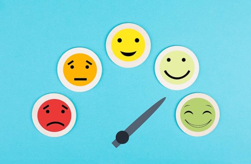 Tachometer with happy and sad faces, business and service rating, evaluation concept, marketing,