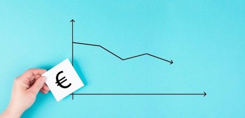 Inflation of the Euro currency, increase of prices and living costs, arrow shows down, financial