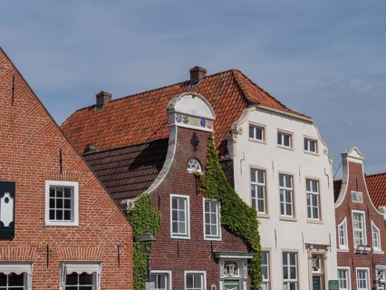 Historic houses with brick facades and tiled roofs, some overgrown with climbing plants, greetsiel,