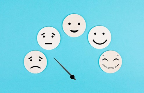 Tachometer with happy and sad faces, business and service rating, evaluation concept, marketing,