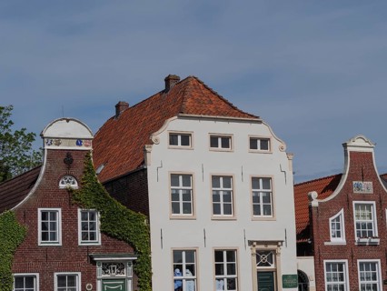 Picture of several historic building facades with decorated gables in an old town under a blue sky,