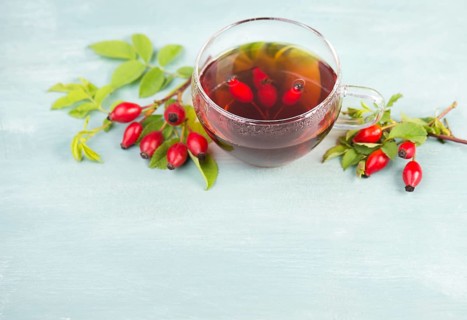 Hip rose tea with fresh fruits and leaves, hot drink