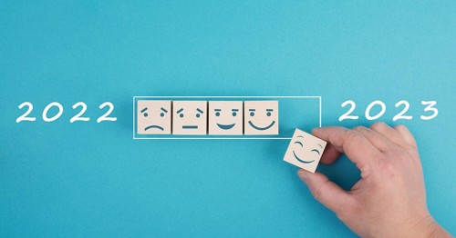 Loading bar with sad and happy faces, 2023 in progress, end of covid-19, back to normal
