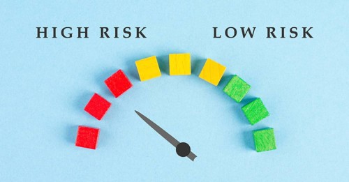 Tachometer high and low risk, pointer is showing to the red risky scale, financial credit and