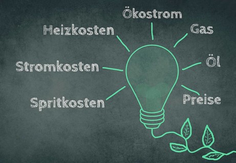 Green colored light bulb with a plant cable, words like fuel costs, electricity, oil price are