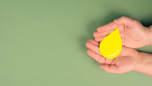 Holding a yellow drop, symbol for gas, petrol, diesel and oil, price increase caused by boycott,