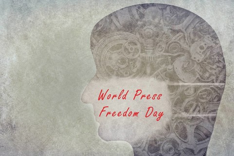 World Press Freedom Day is standing on a mask, journalist with covered mouth, free speech, cancel
