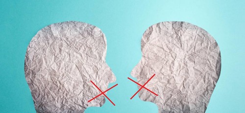 Two silhouette faces look at each other, red cross over his mouth, censorship free speech, cancel