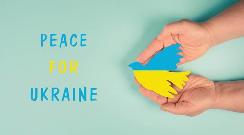 Hands holding dove in the colors of the ukrainian flag, war with Russia, peace for Ukraine